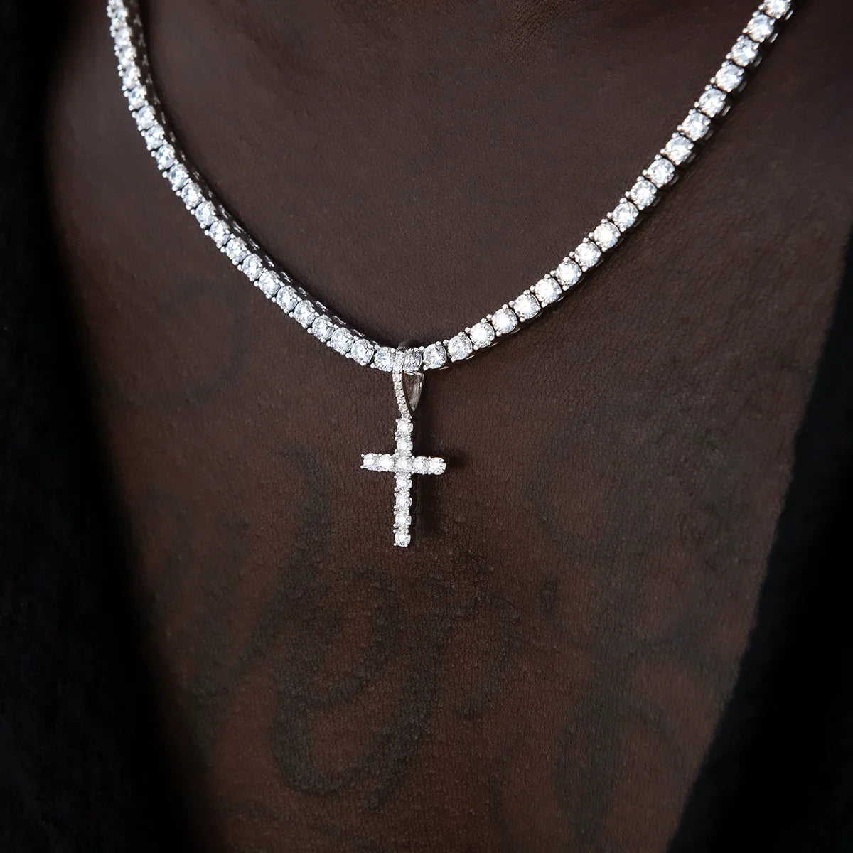 Moissanite Diamond Cross Micro Pendant in Sterling Silver