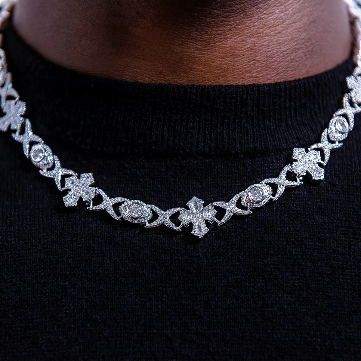 Baguette Cross Evil Eye Chain in White Gold - 16mm