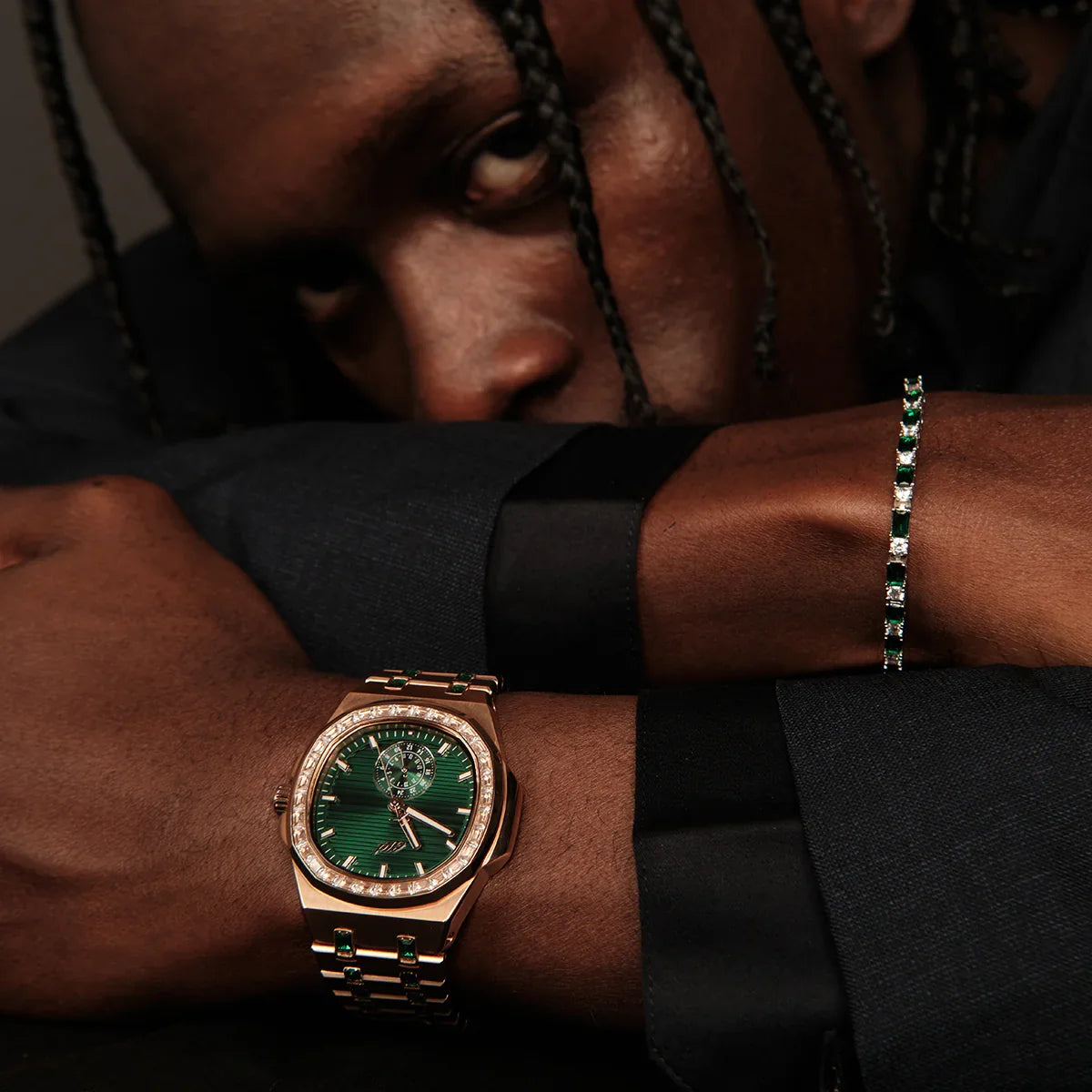 39MM Visionary Iced Emerald Stone Steel Band Watch - Rose Gold