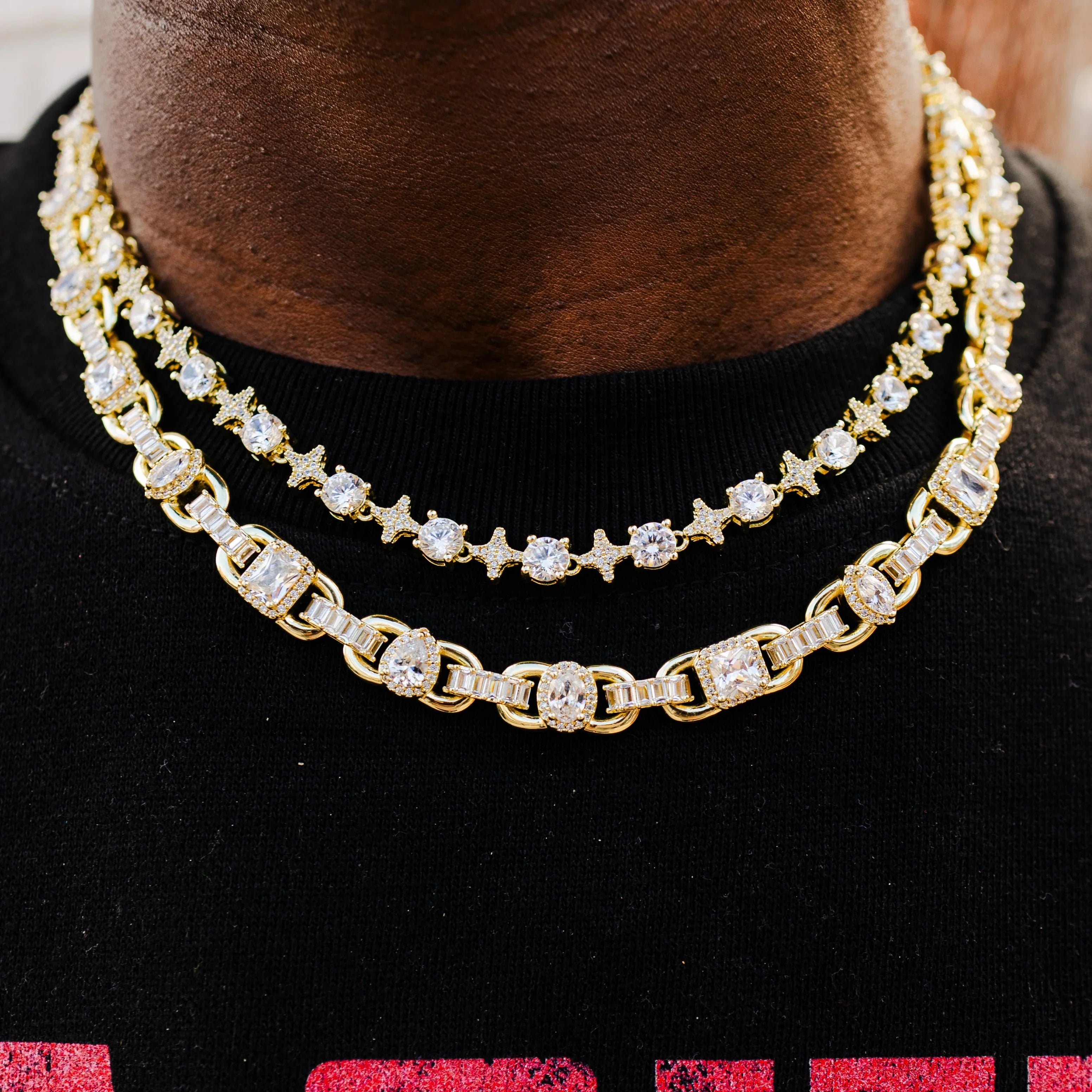 Round Stone Star Tennis Chain + Diamond Cluster Mariner Chain Bundle in Yellow Gold