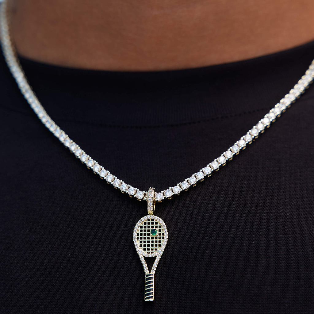 Iced Tennis Racket Pendant in Yellow Gold
