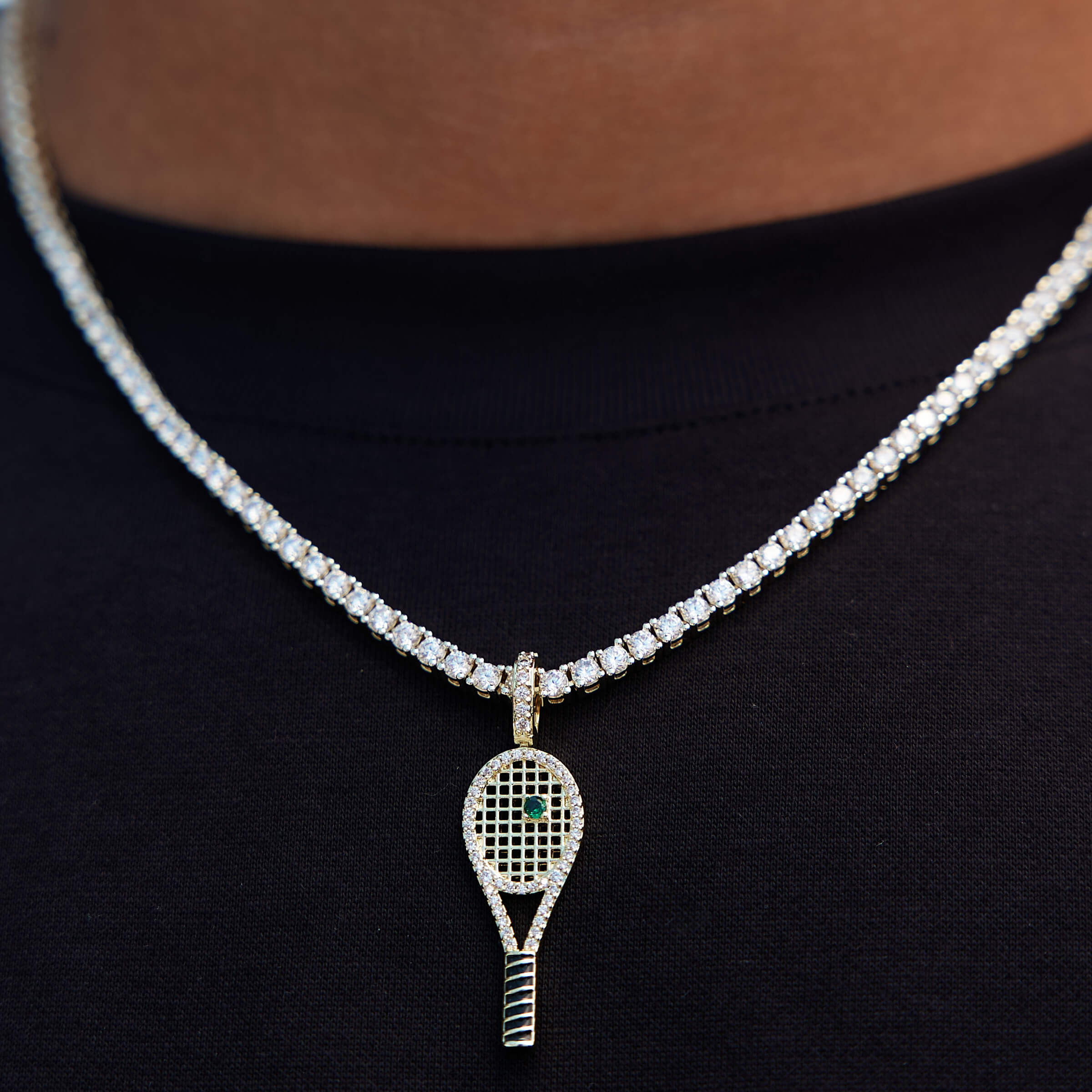 Iced Tennis Racket Pendant in Yellow Gold