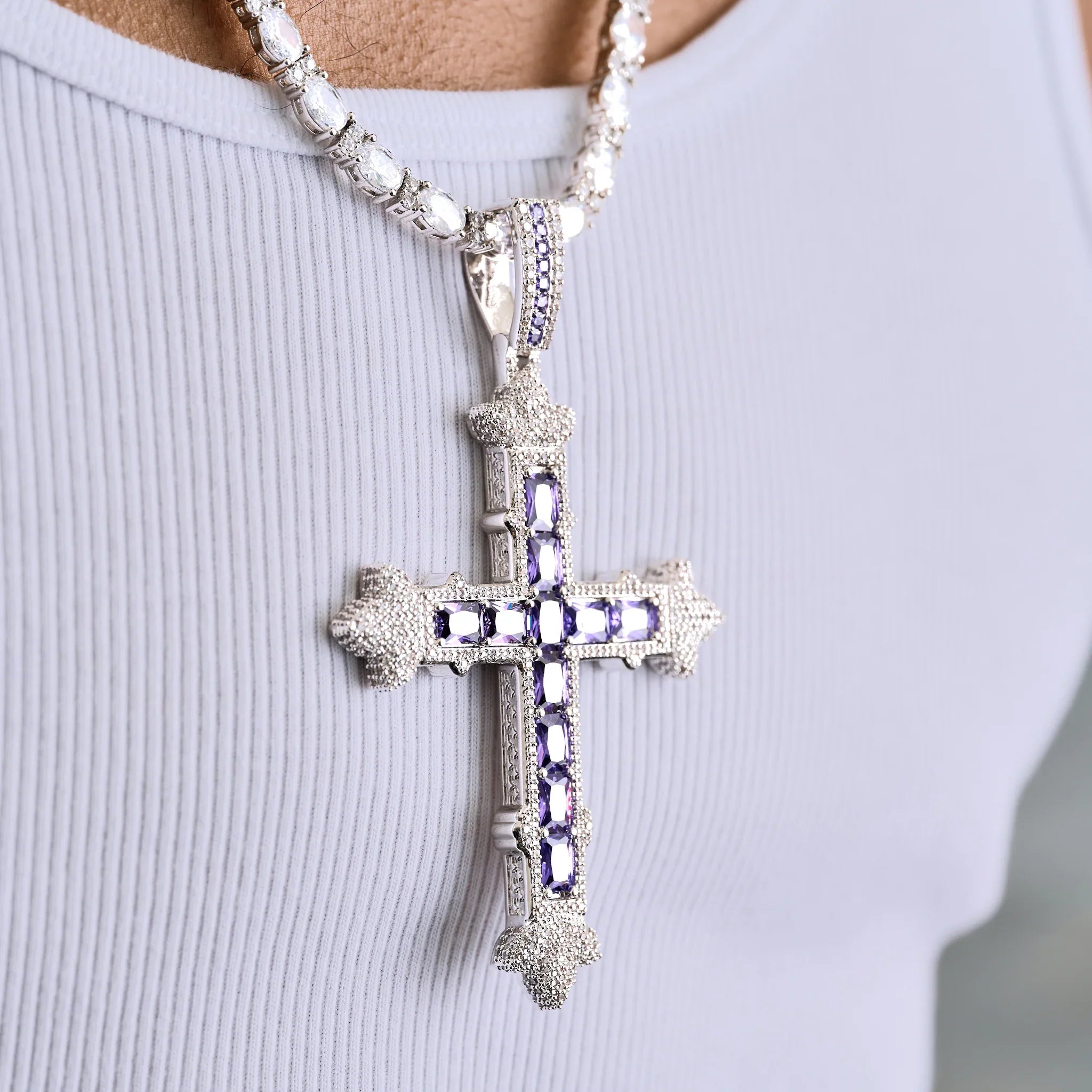 Large Iced Purple Baguette Cross Pendant in White Gold