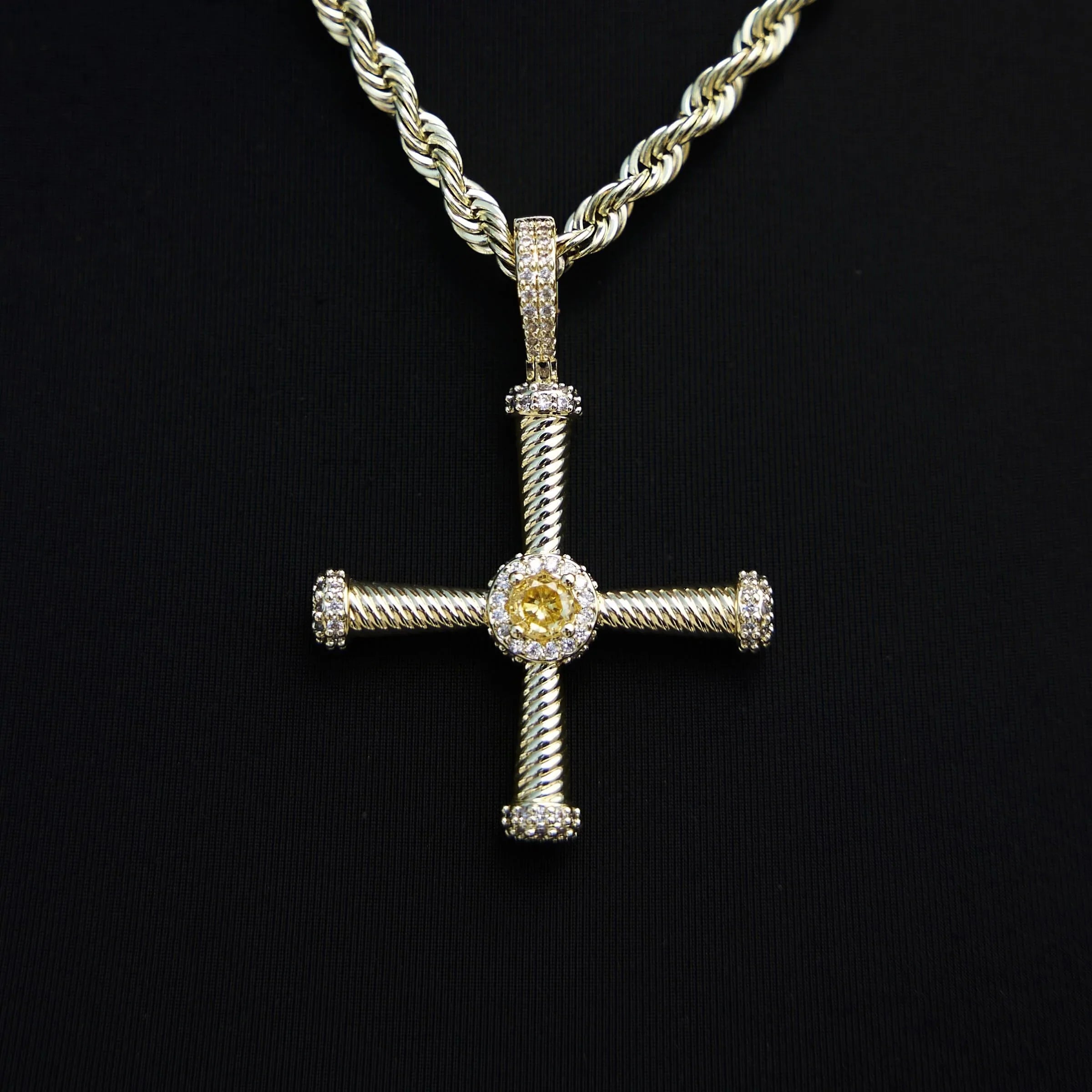 Iced Square Cross Pendant in Yellow Gold