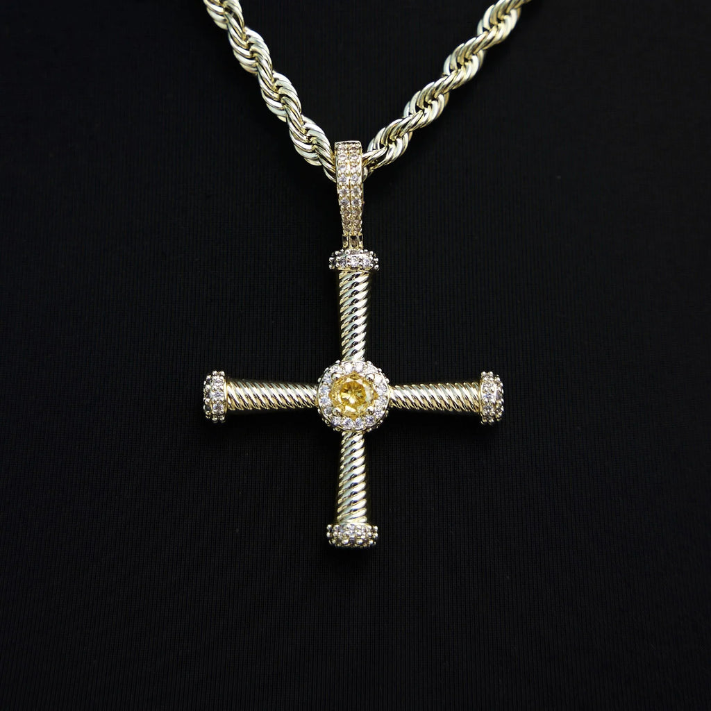 Iced Square Cross Pendant in Yellow Gold