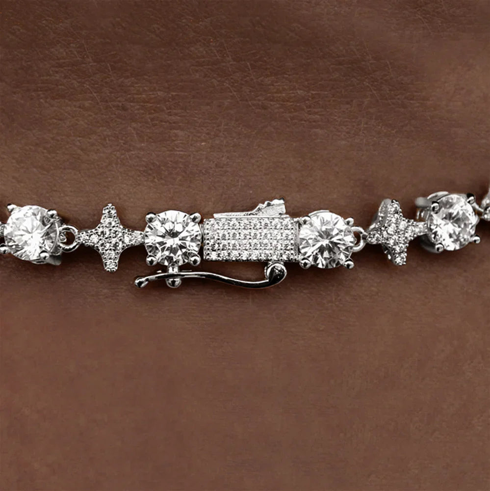 Round Stone Star Tennis Chain in White Gold - 8mm