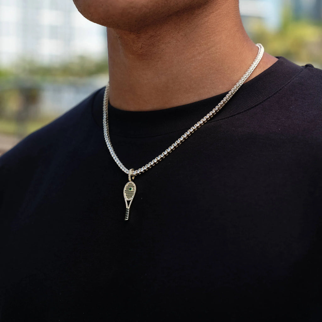 Iced Tennis Racket Pendant in Yellow Gold