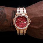 39MM Visionary Iced Ruby Stone Steel Band Watch - Rose Gold
