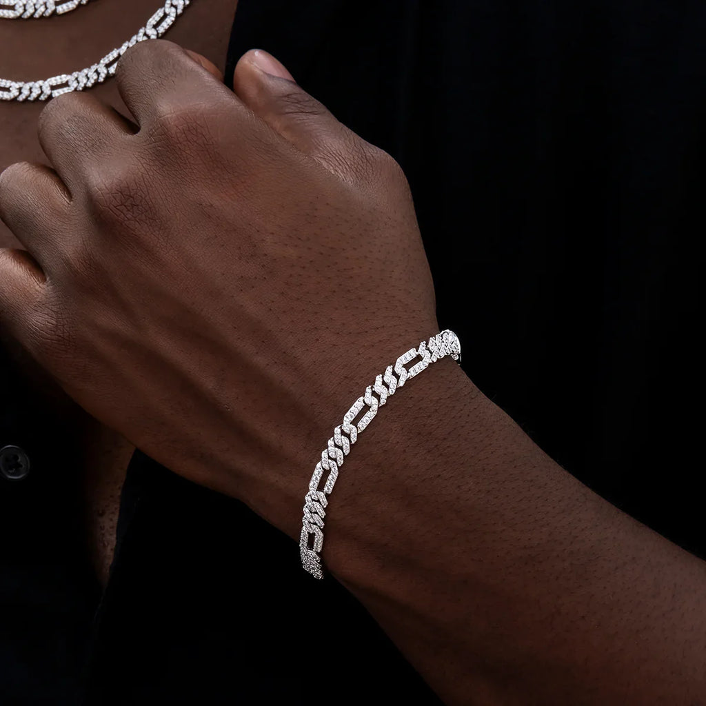 Diamond Figaro Chain + Bracelet Bundle in White Gold- 6mm
