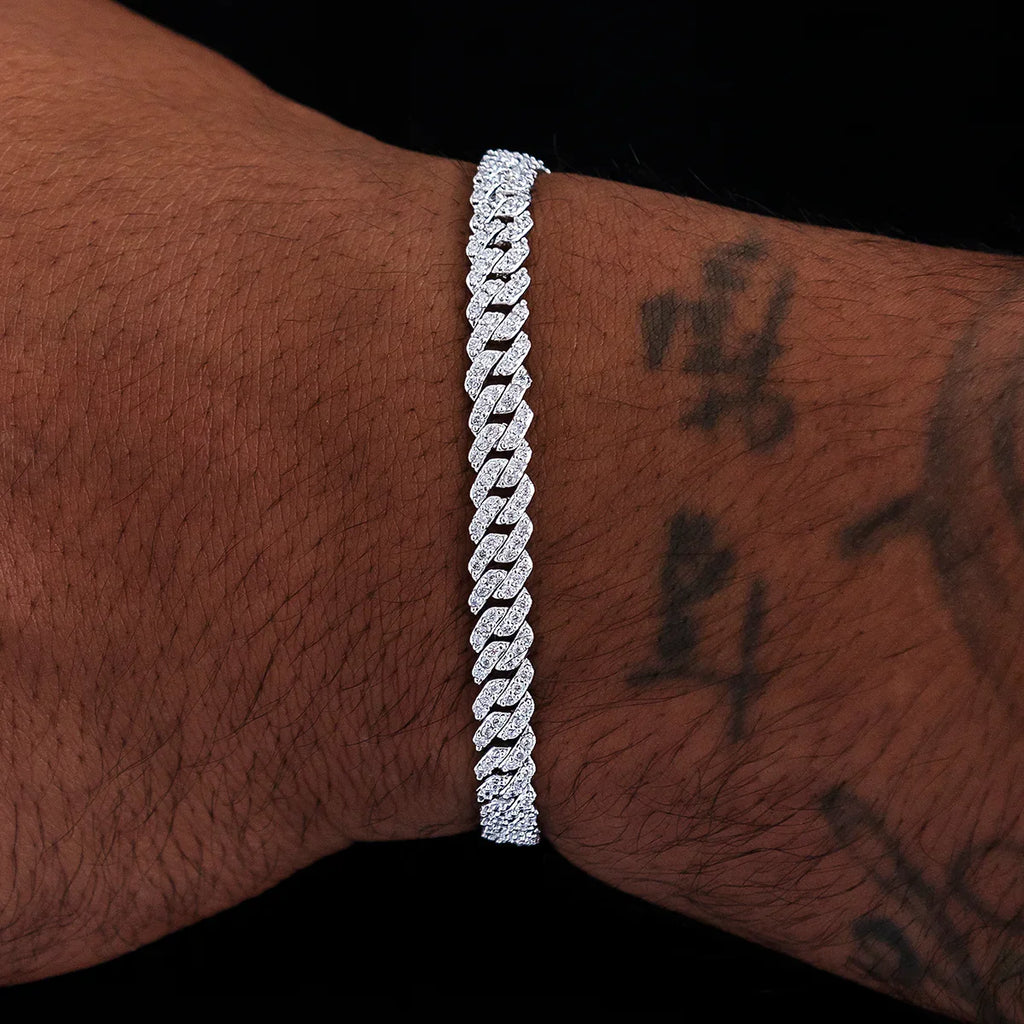 Micro Diamond Prong Cuban Bracelet in White Gold - 6mm