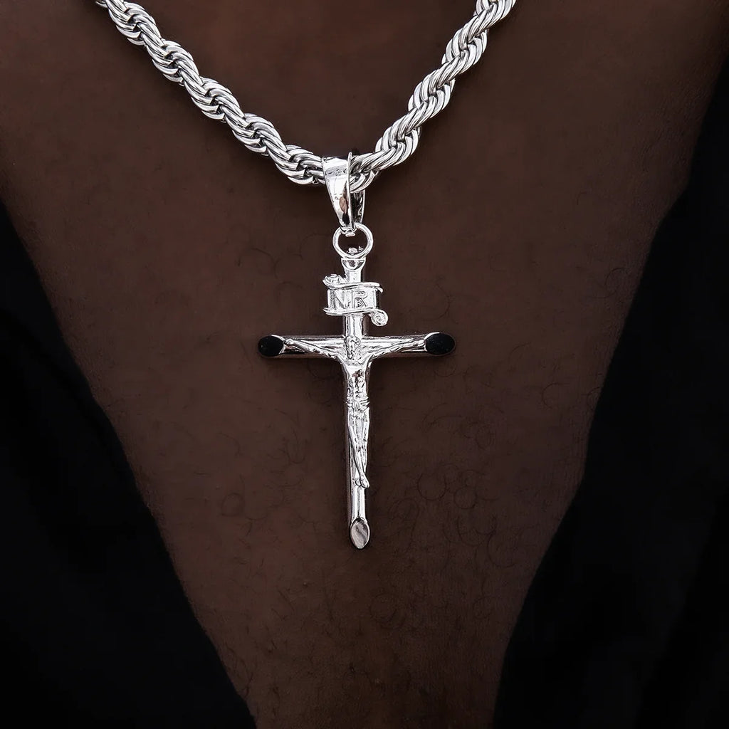 Large Crucifix Cross Pendant in White Gold