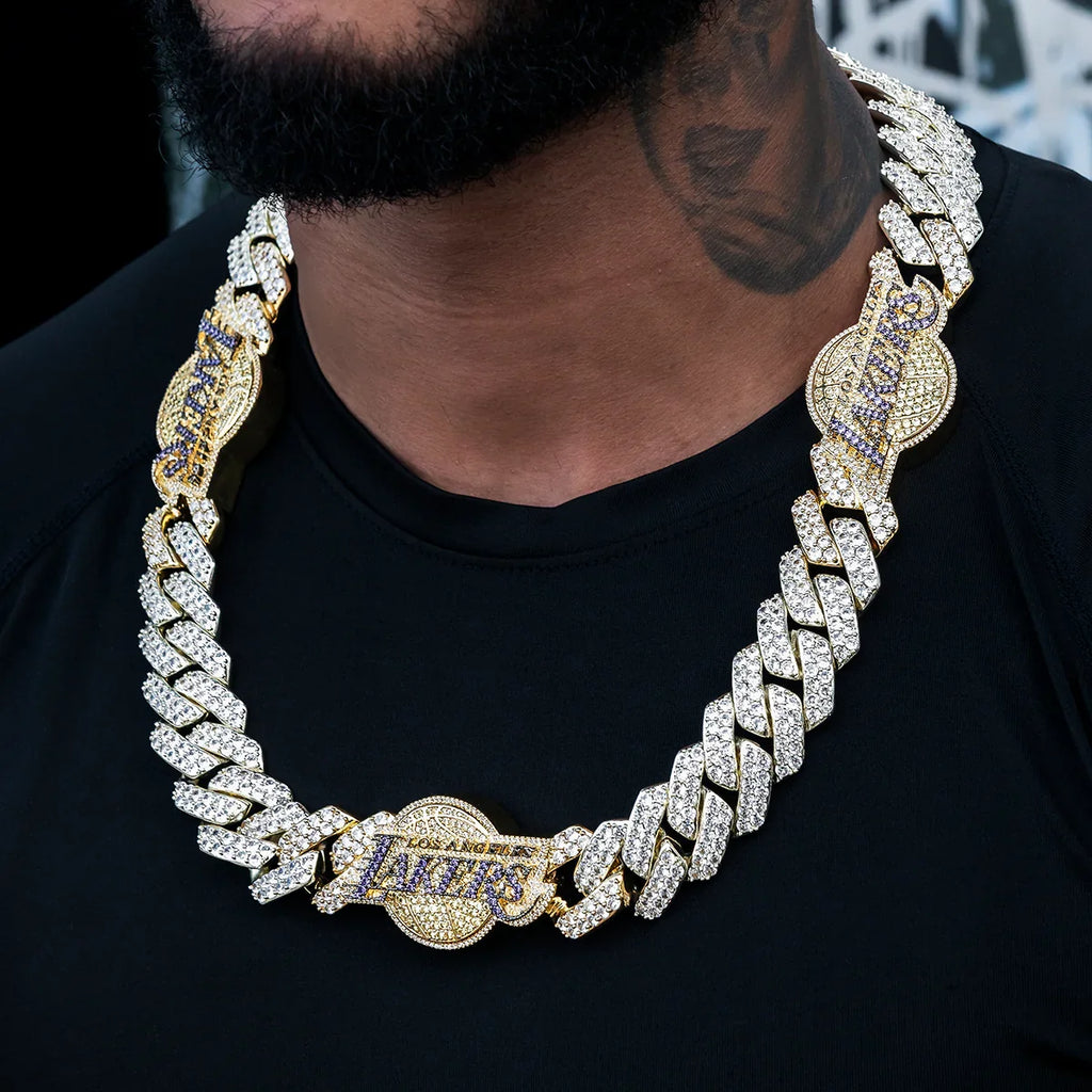 Los Angeles Lakers Official NBA Diamond Prong Cuban Chain in Yellow Gold- 25mm