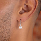 Pave Extra Small Huggie Hoop Pearl Drop Earrings in White Gold