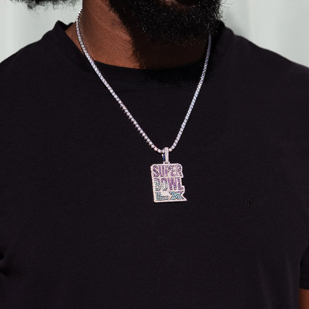 Iced 2026 Blue Ombre Stacked Super Bowl LX Official NFL Wordmark Pendant in White Gold