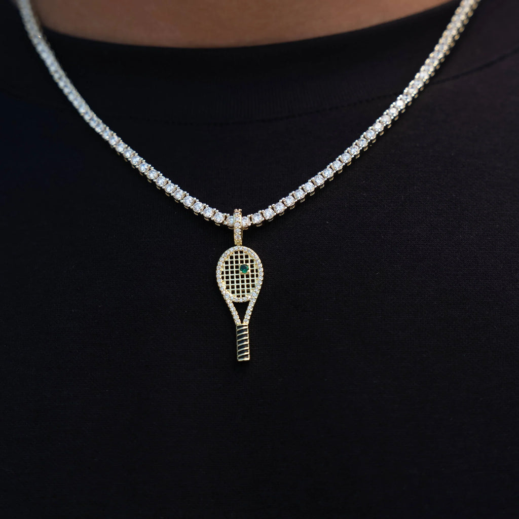 Iced Tennis Racket Pendant in Yellow Gold