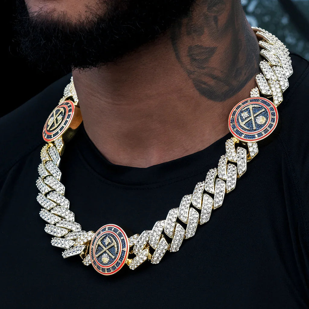 Denver Nuggets Official NBA Diamond Prong Cuban Chain in Yellow Gold- 25mm