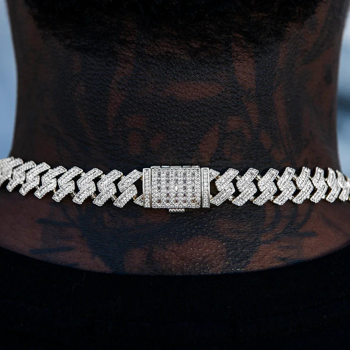 Diamond Baguette Station Cuban Chain in White Gold- 12mm