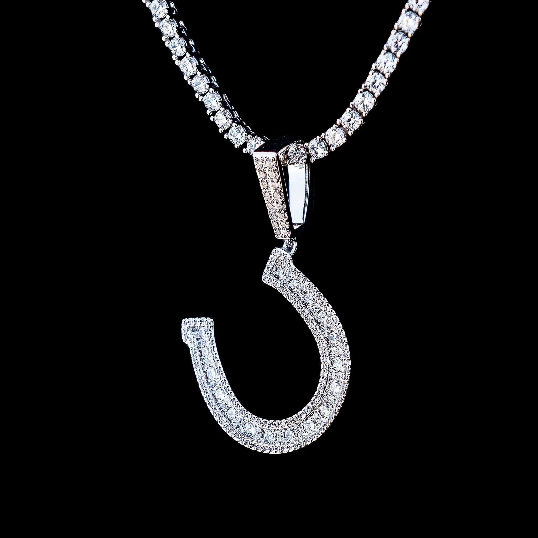 Iced Horseshoe Pendant in White Gold