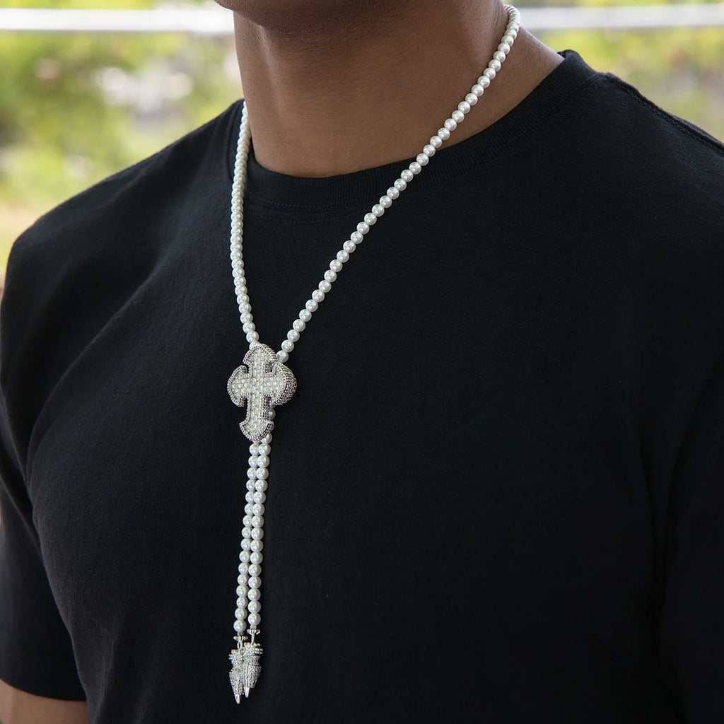 Iced Cross Pearl Bolo Chain in White Gold