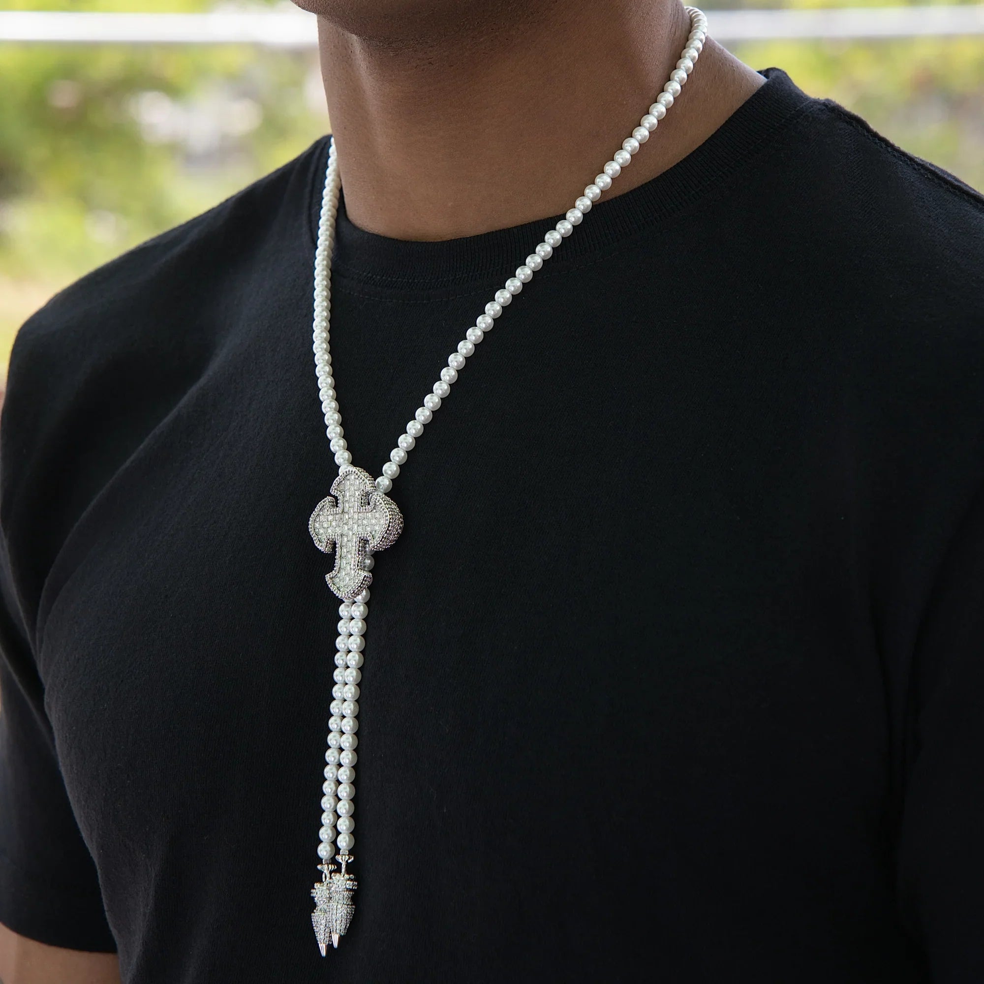 Iced Cross Pearl Bolo Chain in White Gold