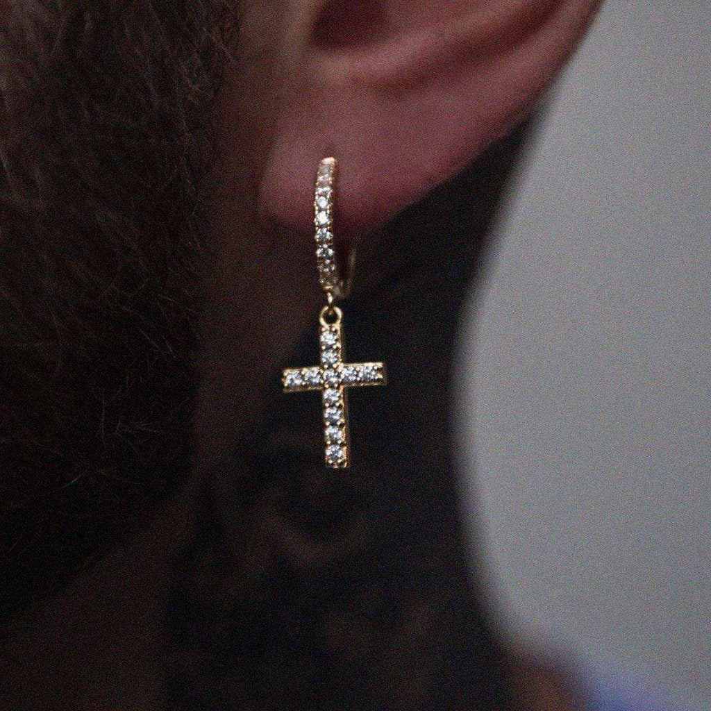 Diamond Cross Micro Huggie Hoop Earrings in Yellow Gold