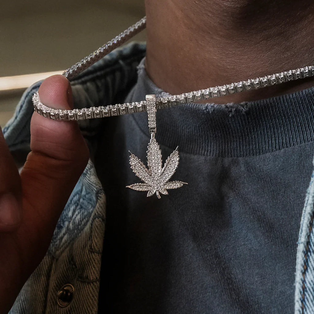 Diamond Weed Leaf Pendant in White Gold