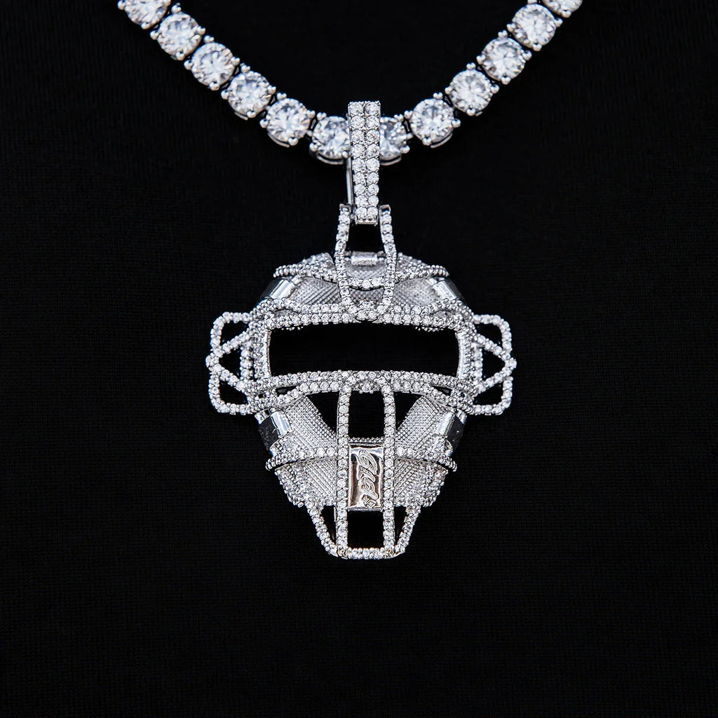 Iced Catchers Mask Baseball Pendant in White Gold