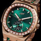 39MM Visionary Iced Emerald Stone Steel Band Watch - Rose Gold