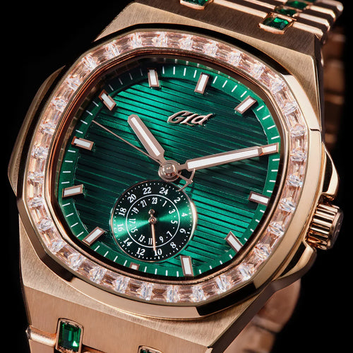 39MM Visionary Iced Emerald Stone Steel Band Watch - Rose Gold