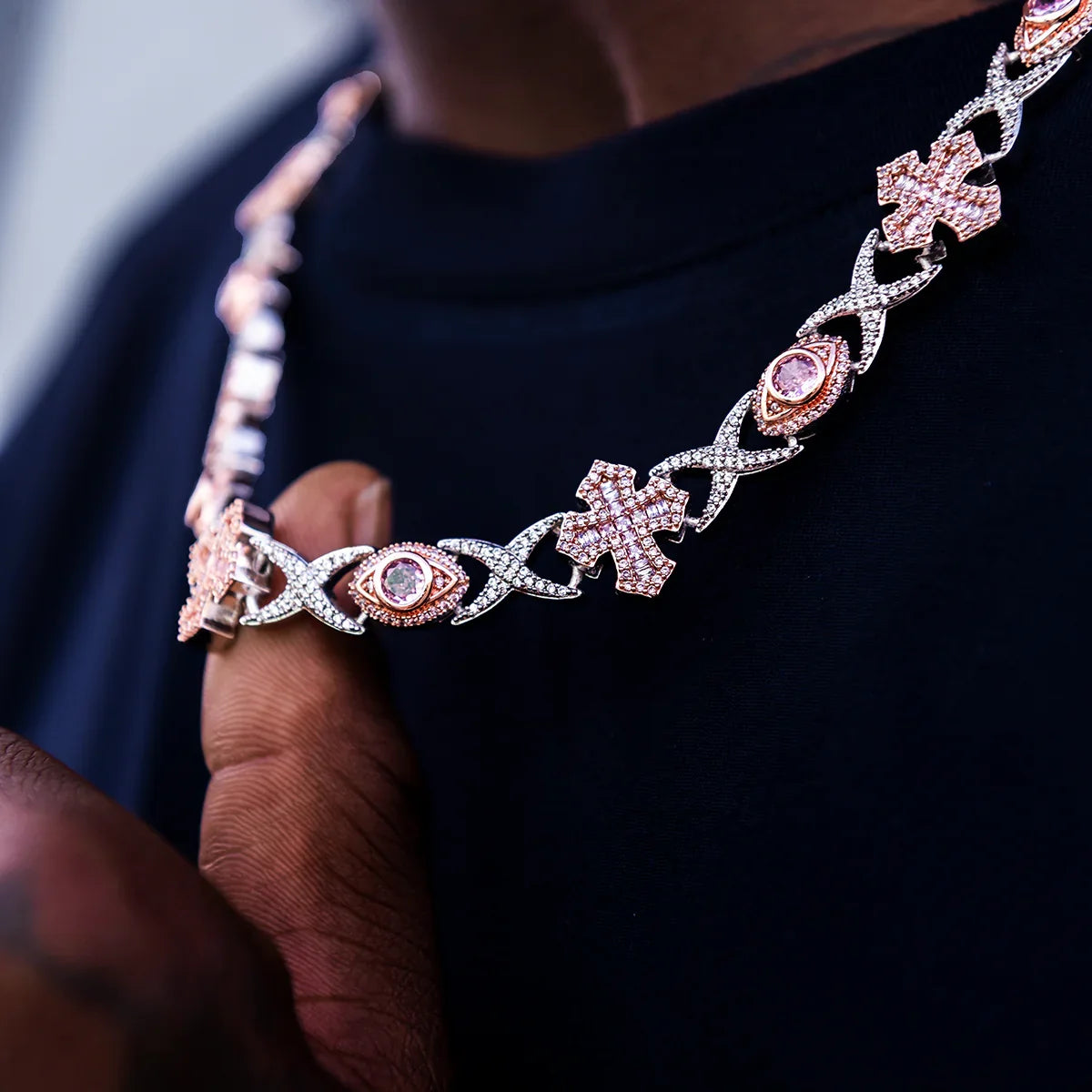 Baguette Cross Evil Eye Chain in Rose Gold - 16mm