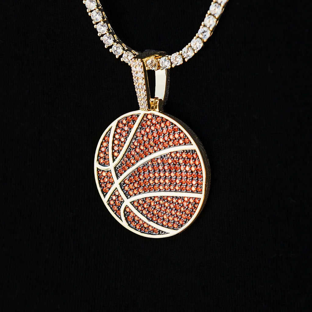 Orange Pave Basketball Pendant in Yellow Gold