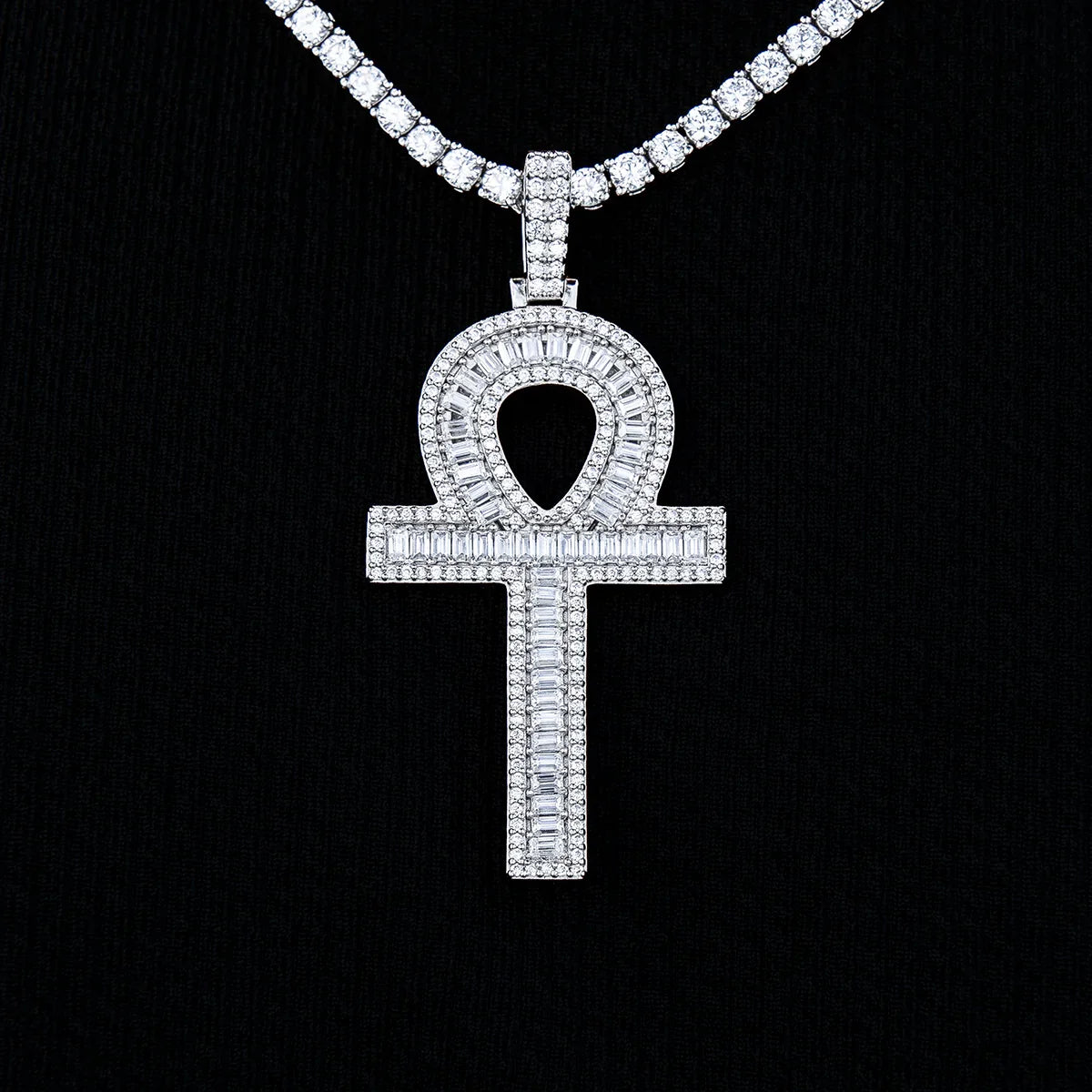 Moissanite Ankh Cross Pendant in Sterling Silver