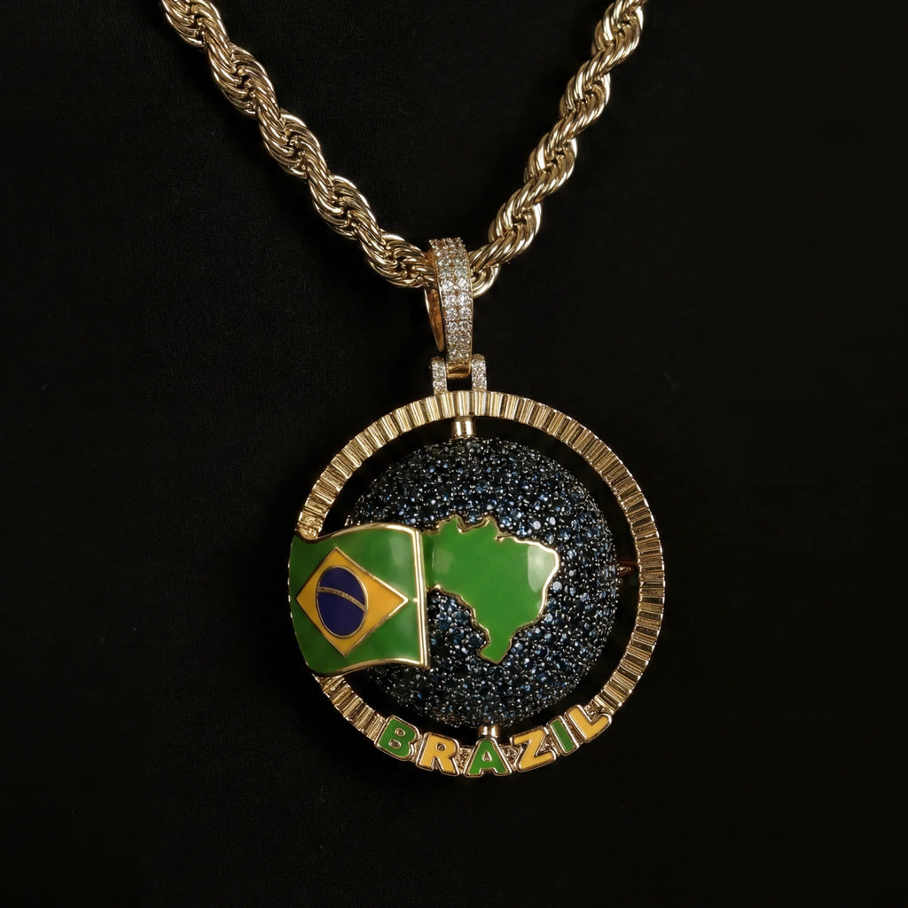 Diamond Brazil Spinning Globe Flag Pendant in Yellow Gold