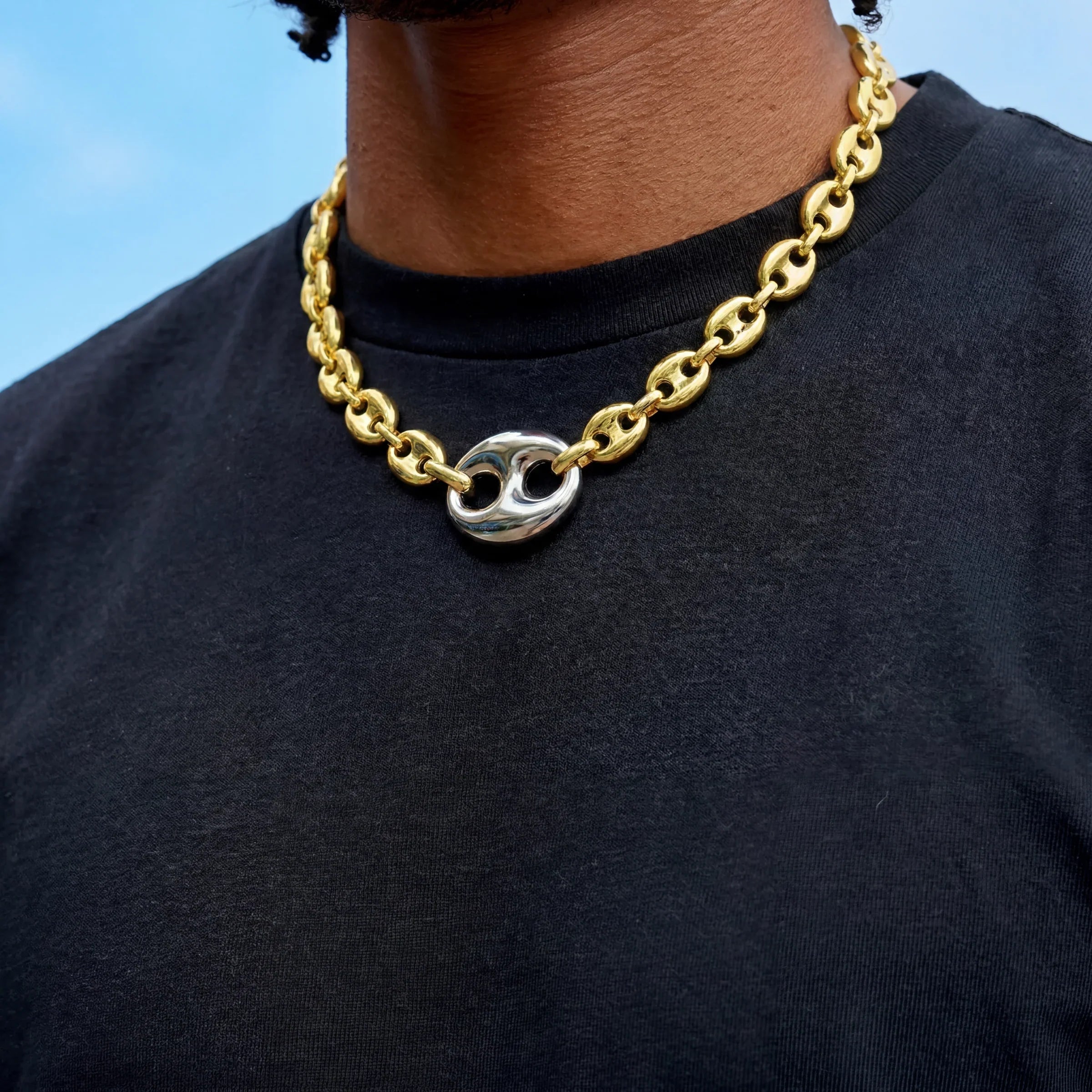 Two Tone Large Link Puffed Mariner Chain in Yellow & White Gold - 15mm