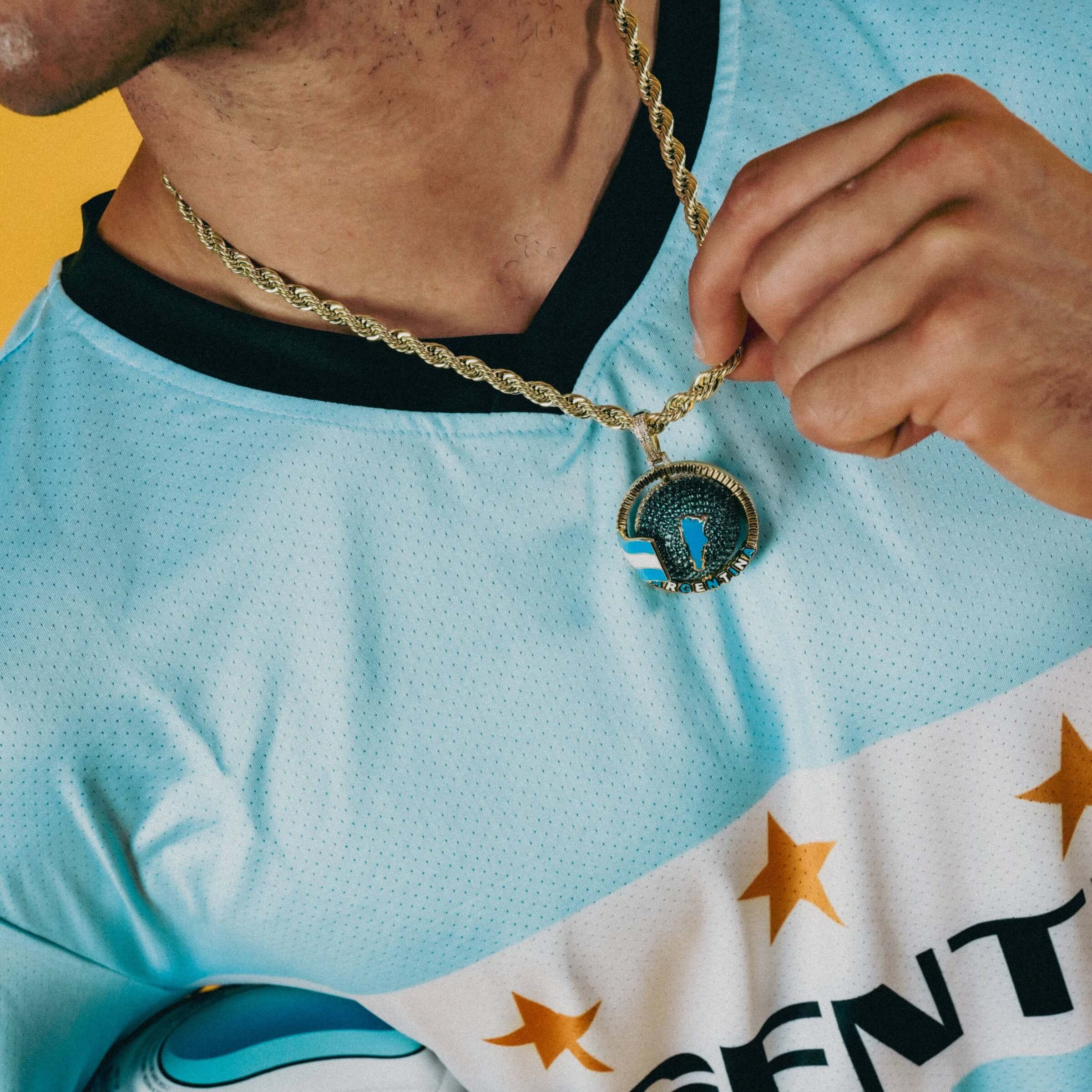Diamond Argentina Spinning Globe Flag Pendant in Yellow Gold