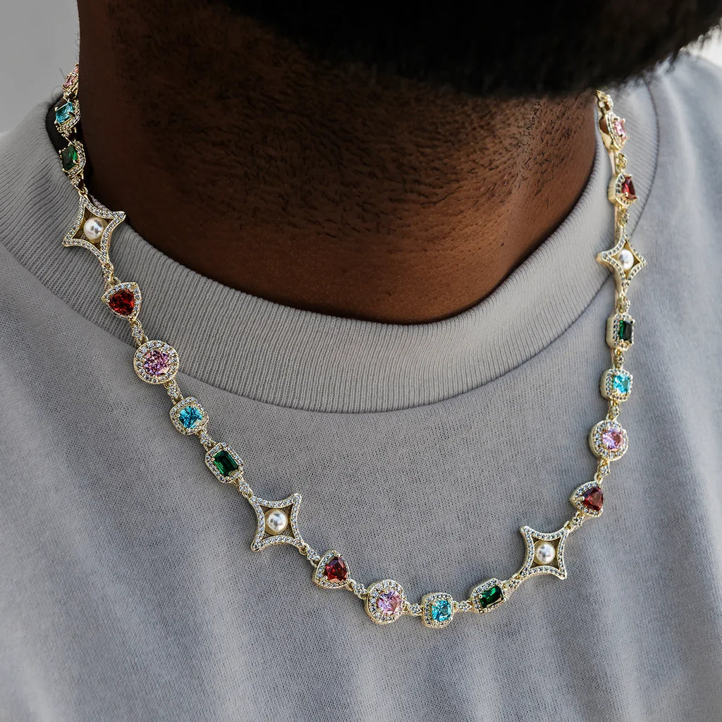 Colored Gemstone Pearl Chain in Yellow Gold - 17mm