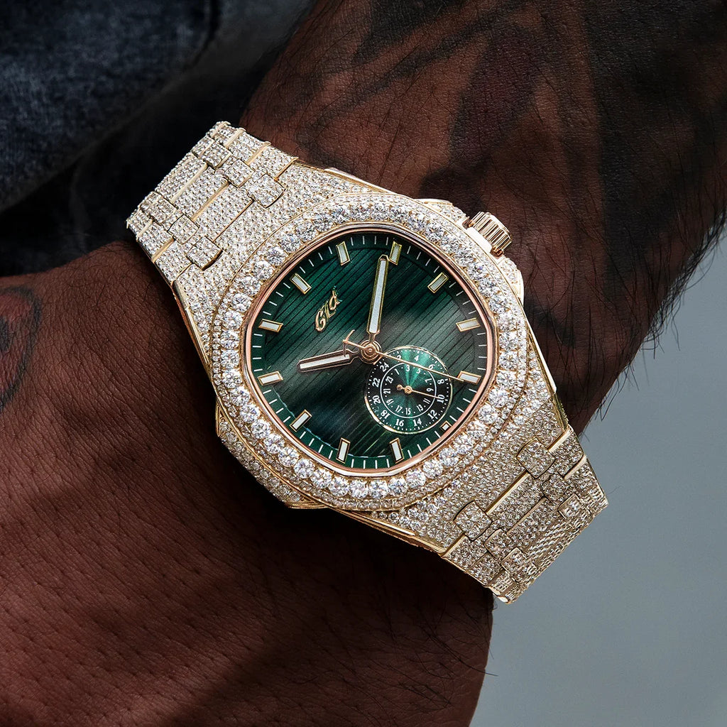 39MM Visionary Fully Iced Case & Green Dial Watch - Yellow Gold