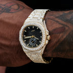 39MM Visionary Fully Iced Case & Black Dial Watch - Yellow Gold