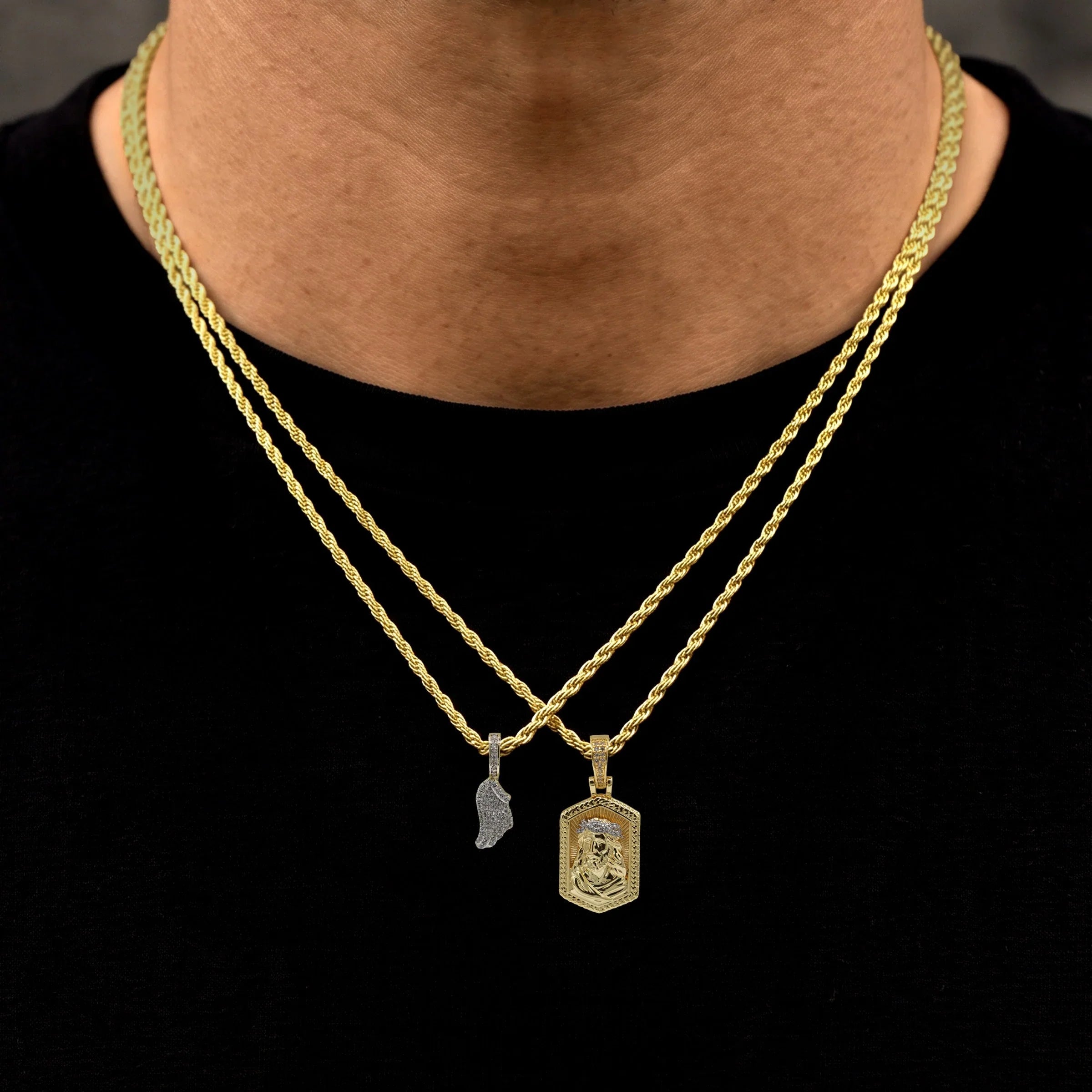 Micro Angel Wing and Icon Jesus Pendant Set in Yellow Gold
