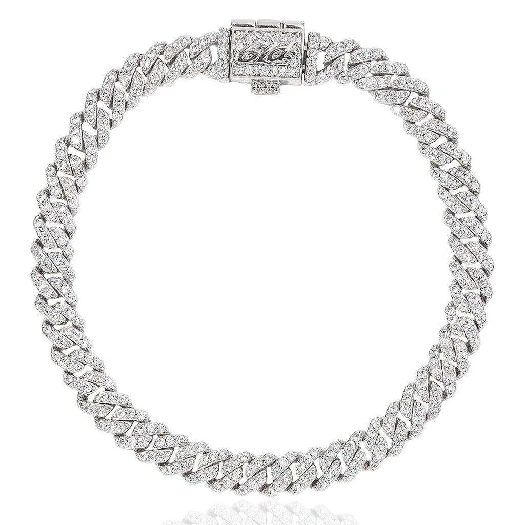Micro Diamond Prong Cuban Bracelet in White Gold - 6mm