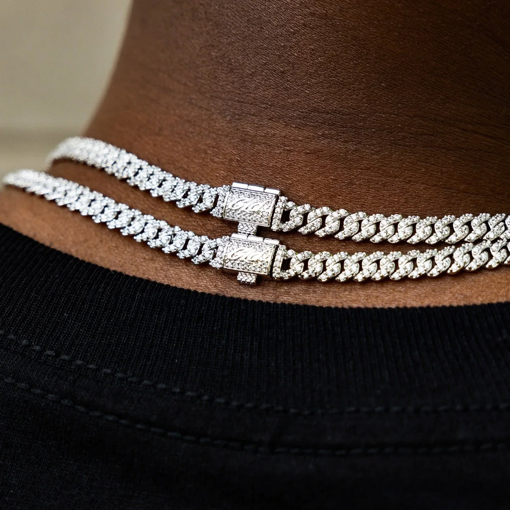 Men's 6MM Micro Diamond Prong Moissanite Cuban Chain Necklace in White Gold Vermeil