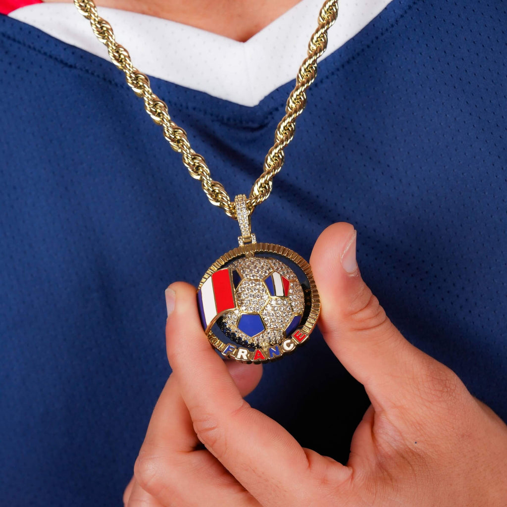 Diamond France Spinning Globe Flag Pendant in Yellow Gold
