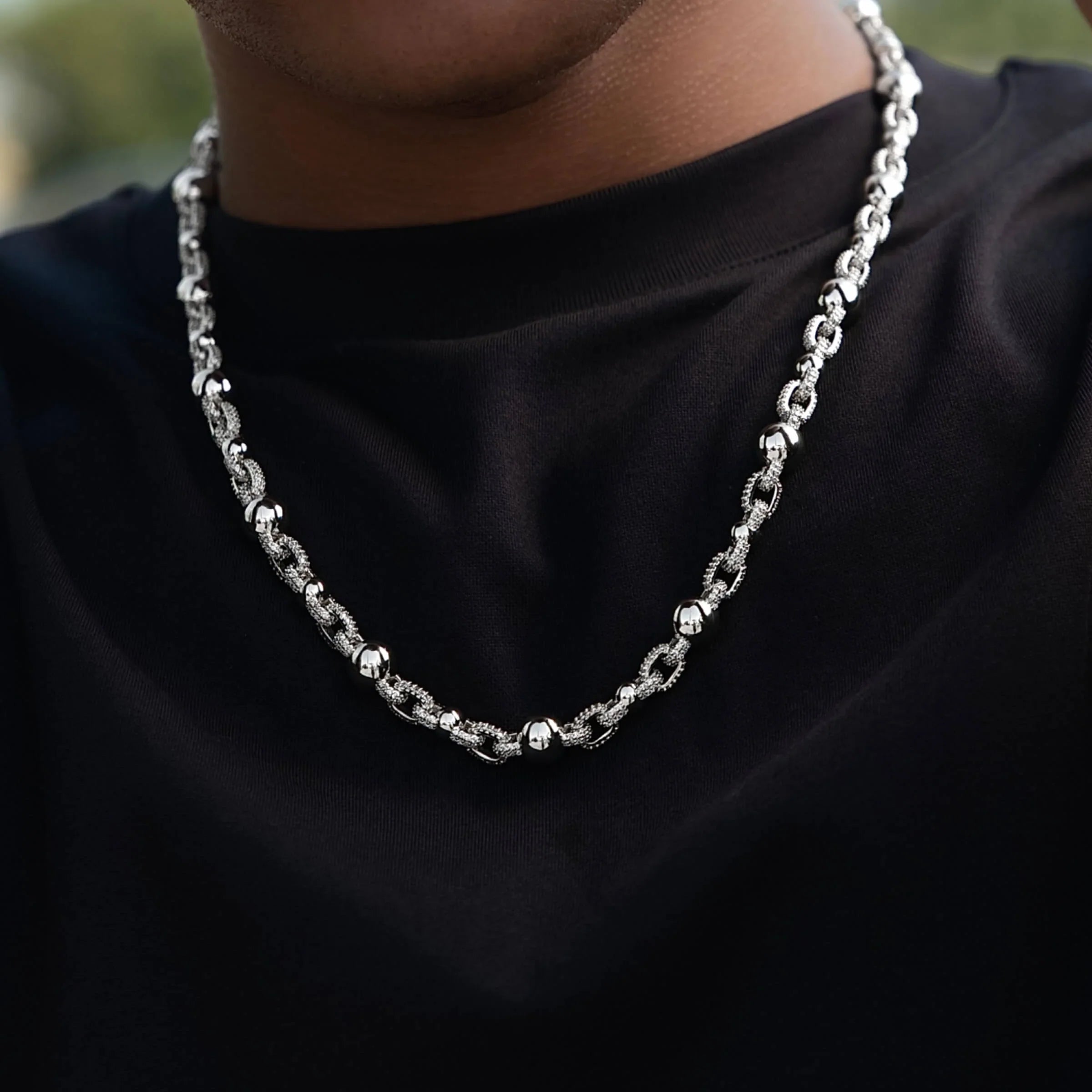 Iced Plain Multi Size Ball Chain in White Gold