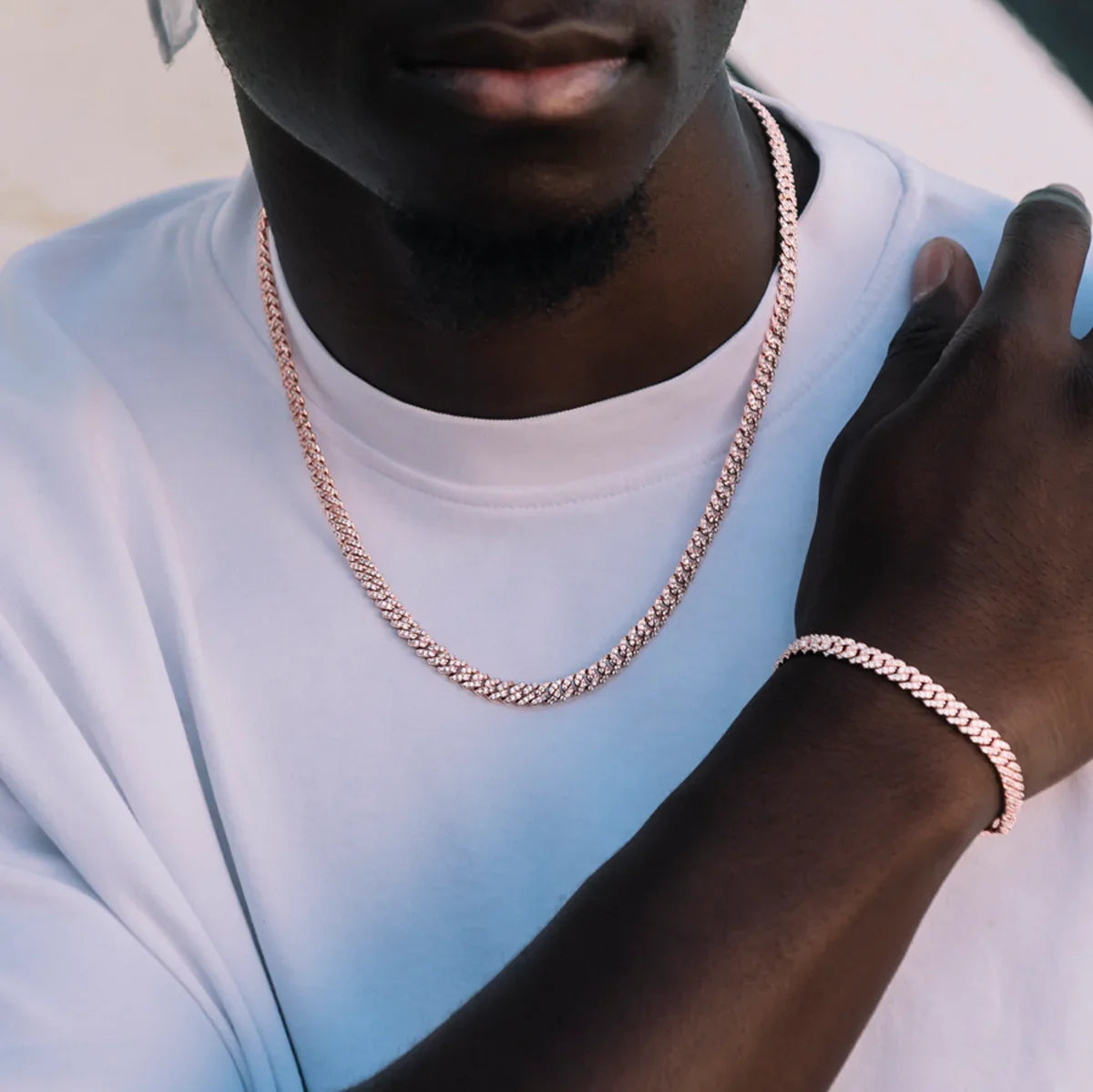 Micro Diamond Prong Cuban Chain + Bracelet in Rose Gold- 6mm