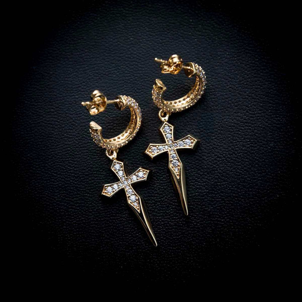 Dripping Cross Extra Small Huggie Hoop Earrings in Yellow Gold