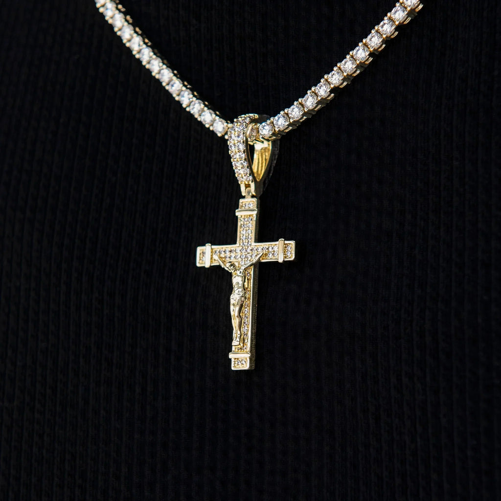 Iced Flat Crucifix Cross Pendant in Yellow Gold