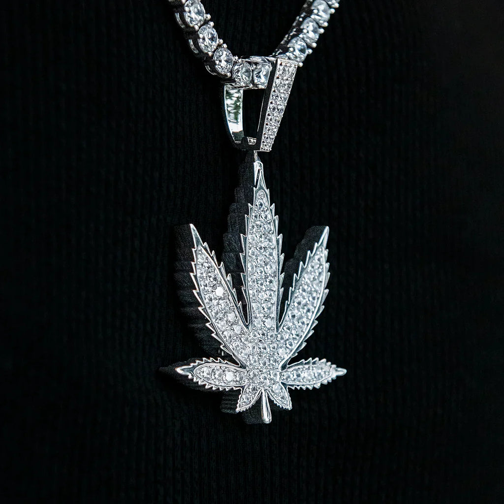 Large Diamond Weed Leaf Pendant - White Gold