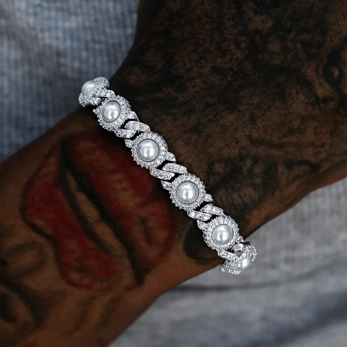 Iced Halo Cuban Chain + Bracelet with Pearls Bundle in White Gold