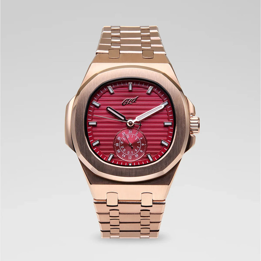 39MM Visionary Plain Case & Red Dial Watch - Rose Gold