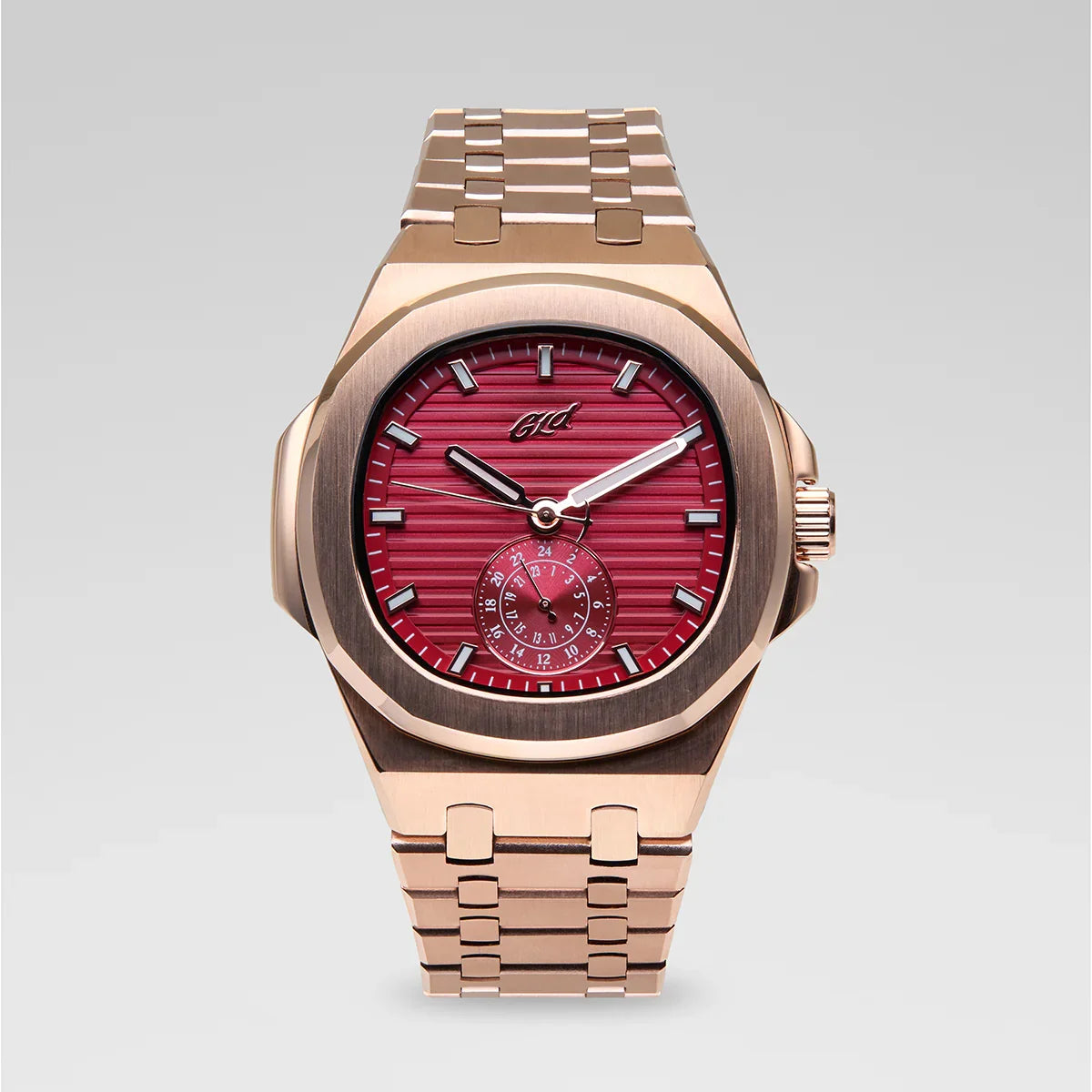 39MM Visionary Plain Case & Red Dial Watch - Rose Gold